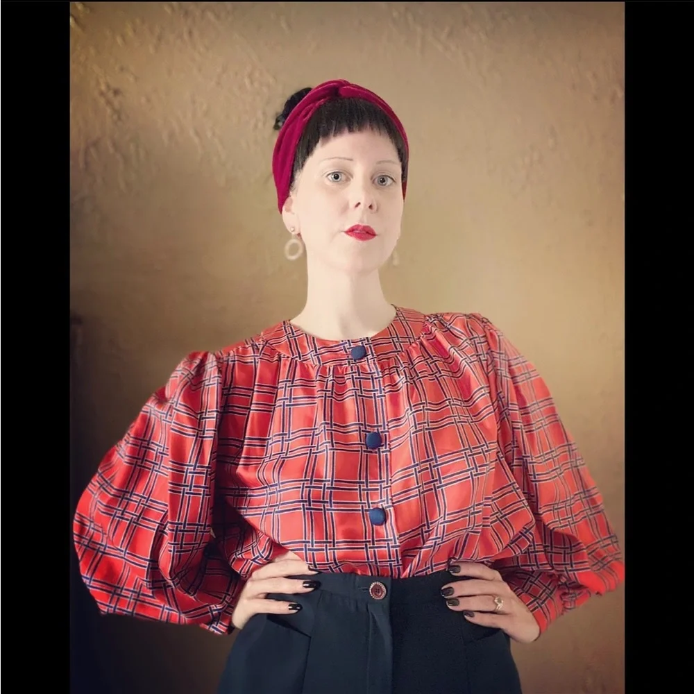 VTG 70’s YSL Saint Laurent Rive Gauche Red Plaid Blouse - Picture 3 of 10